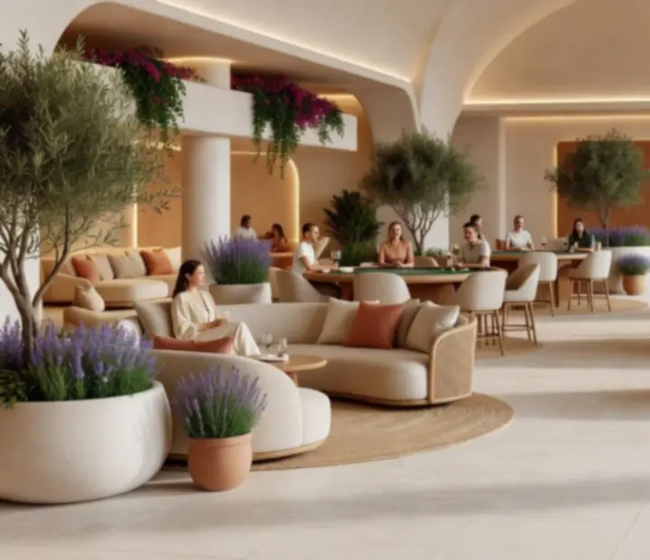 Airy casino floor with serene lounge seating and natural textures.