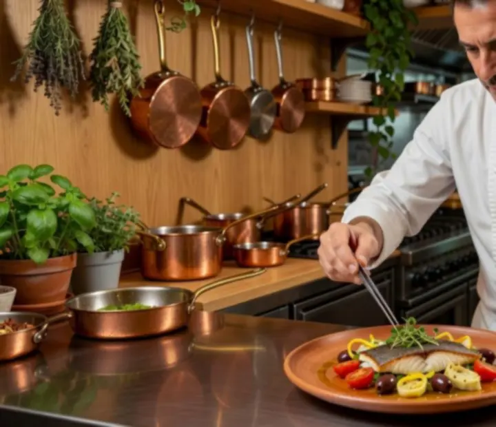 Head chef plating dishes in an open kitchen.