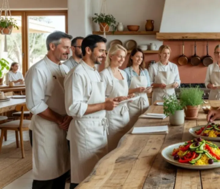Guests participating in a Mediterranean cooking workshop at Cazonia.