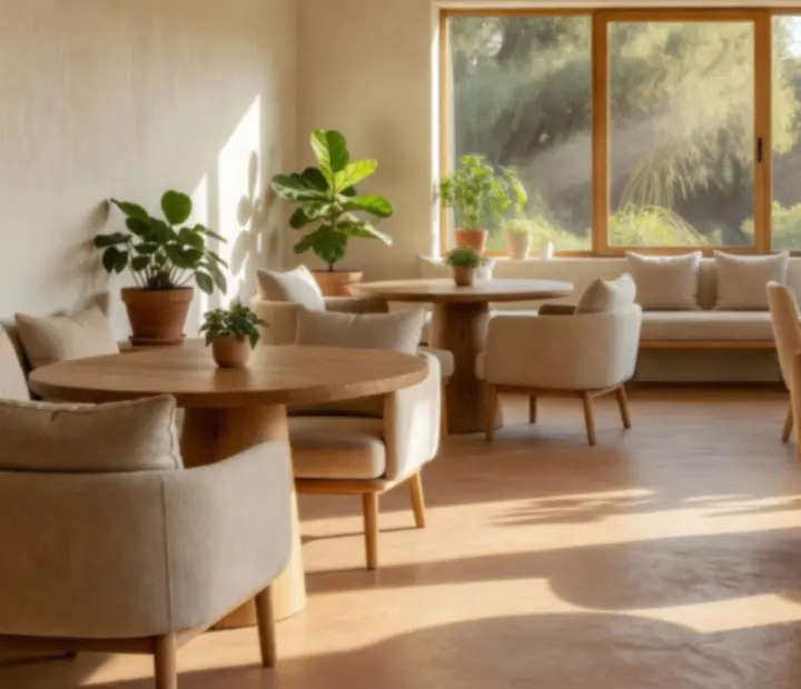 Airy Mediterranean-inspired dining room bathed in daylight.