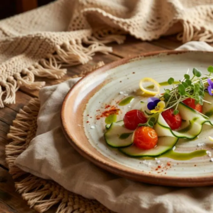 An elegant fine dining entrée artfully plated at Cazonia