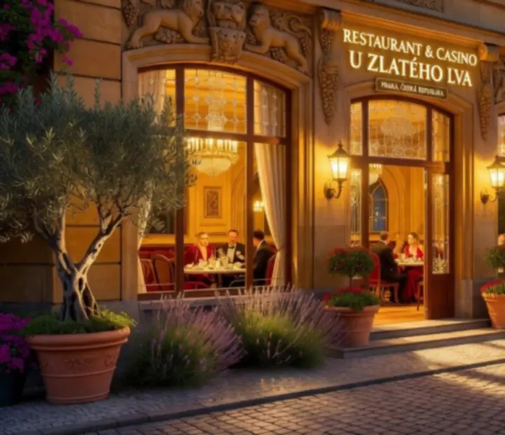 Evening exterior of Cazonia glowing with golden light.