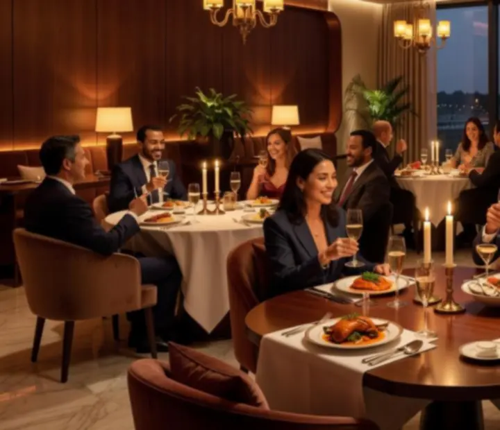 Elegant fine-dining tables glowing in warm amber evening light