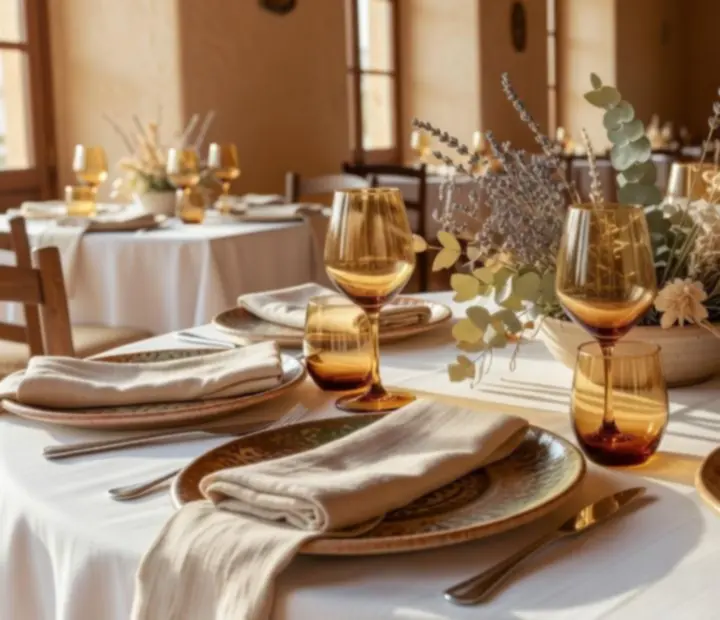 Close-up of artisan ceramics and amber glassware on a fine table setting.