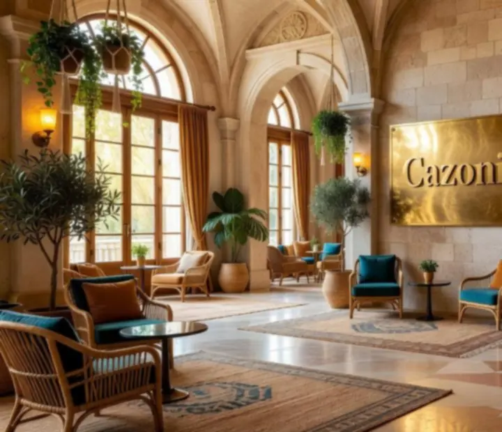 Luminous grand casino entrance with sun-washed stone floors and rich wood finishes at Cazonia.