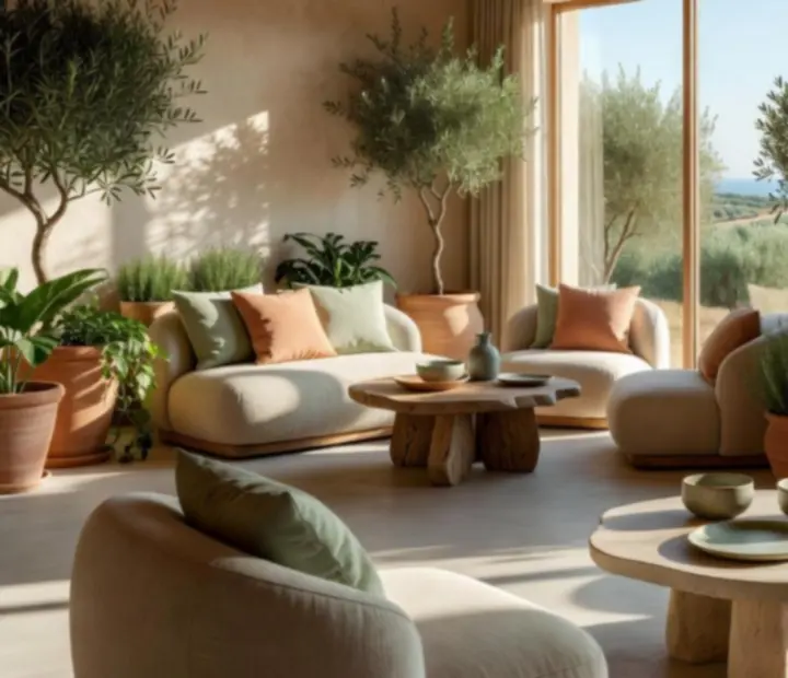 Private lounge bathed in natural light with full-height windows and greenery.