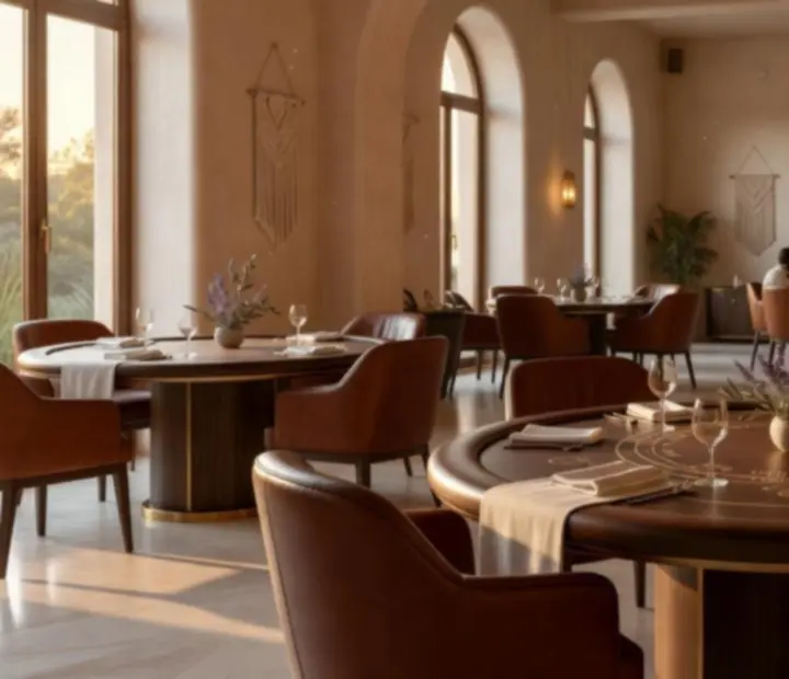 Bespoke wooden blackjack tables under soft Mediterranean lighting.