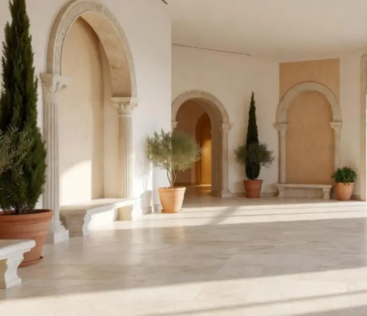 Sun-lit luxury lobby with marble details and warm amber lighting leading into a casino restaurant