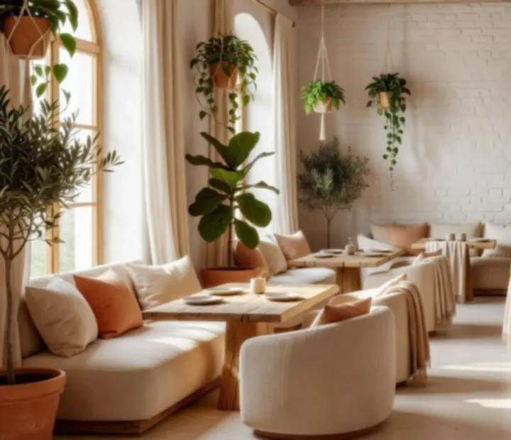 Mediterranean boho chic eco-luxury interior with soft neutrals and organic textures