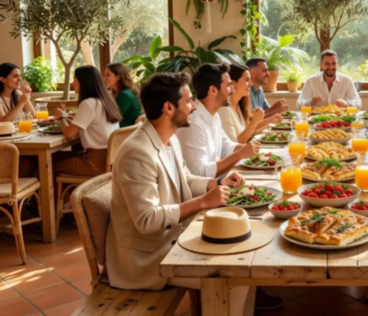 Mediterranean-inspired brunch spread in a bright, boho-chic dining hall.