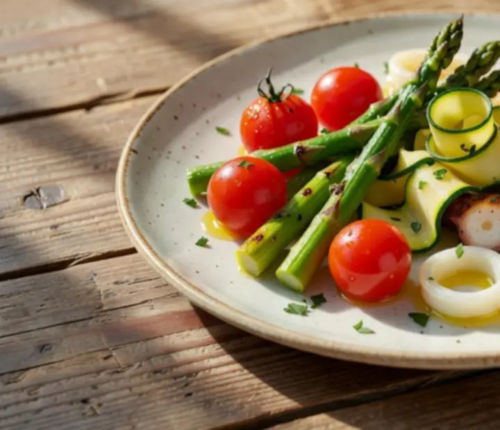 Artfully plated Mediterranean dish with seasonal ingredients.