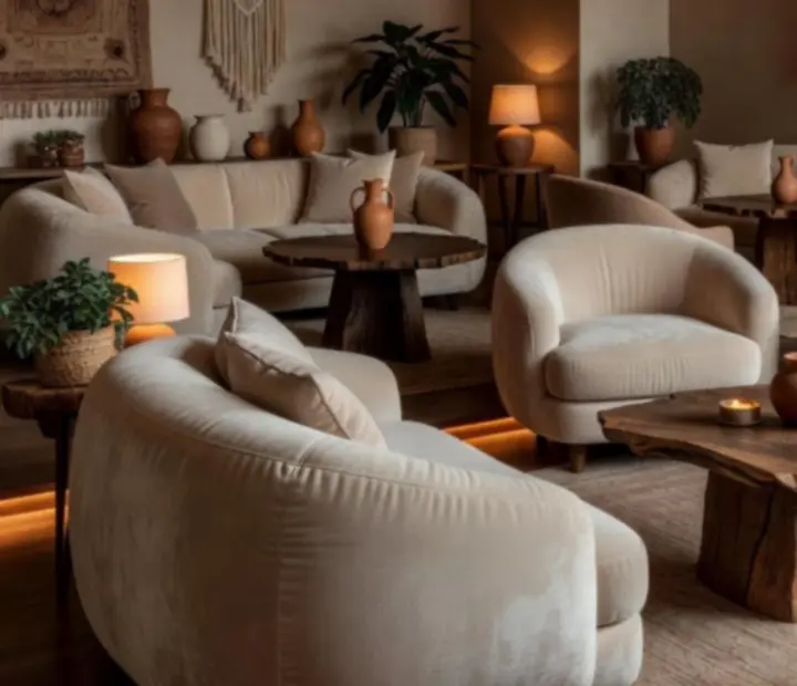 Private lounge with plush seating and soft daylight inside a luxury casino