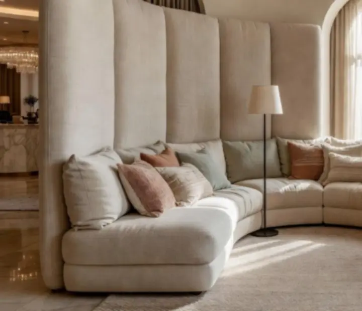 Private lounge nook with generous padded seating for intimate groups