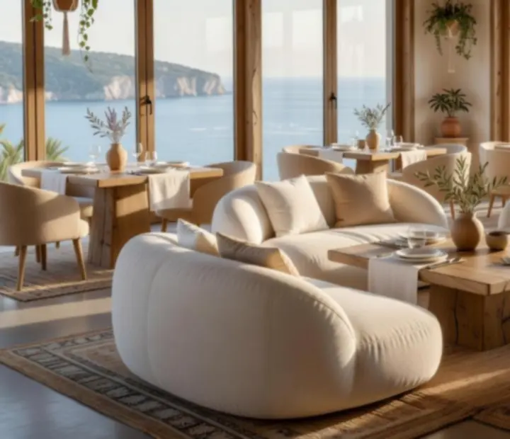 Sunken sofa private lounge with Mediterranean Boho Chic styling and soft natural light.