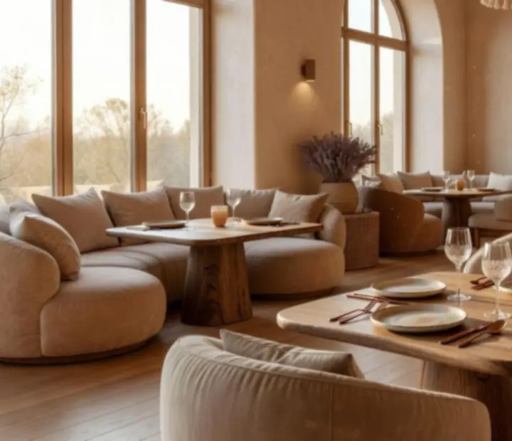 Sunlit restaurant lounge with Mediterranean boho chic decor at Cazonia