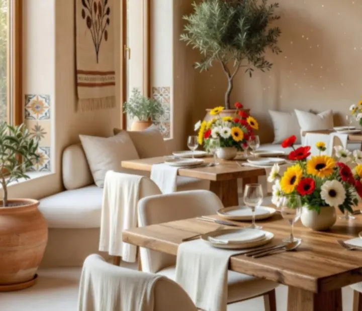 Artisan-crafted dining tables bathed in natural sunlight with Mediterranean decor