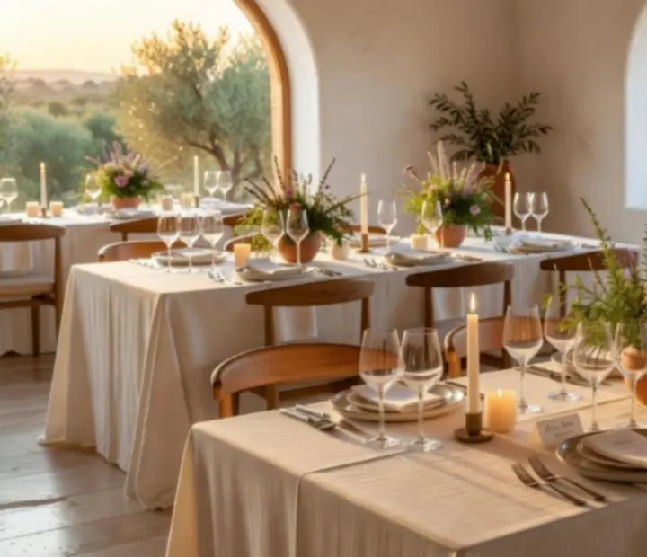 Sunlit fine-dining table at Cazonia prepared for a themed culinary evening.