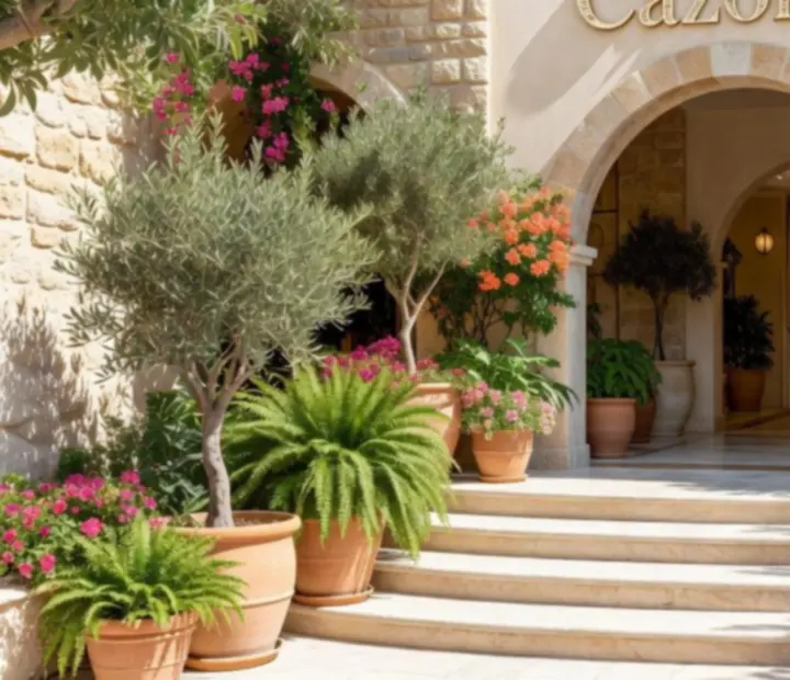 Sunlit entrance to Cazonia with warm stone and glass facade.